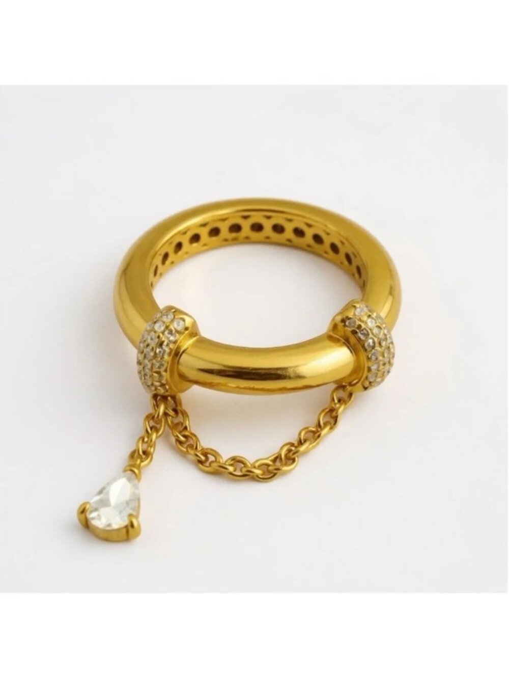 Art Deco Chain Gold Ring Sz 8 Charm Teardrop Crystal CZ Boho Pave Statement Boho